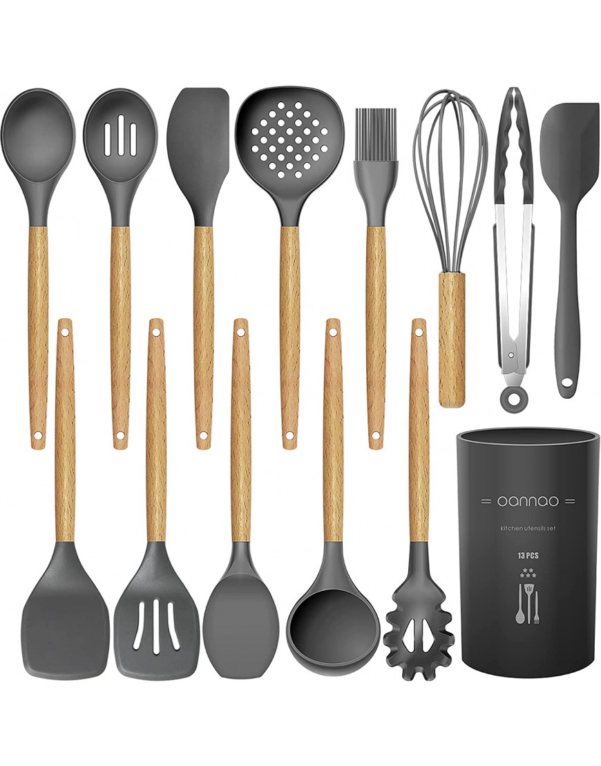 14 Pcs Silicone Cooking Utensils Kitchen Utensil Set 446°F Heat Resistant,Turner Tongs,Spatula,Spoon,Brush,Whisk. Wooden Handles Gray Kitchen Gadgets Tools Set for Nonstick Cookware BPA Free