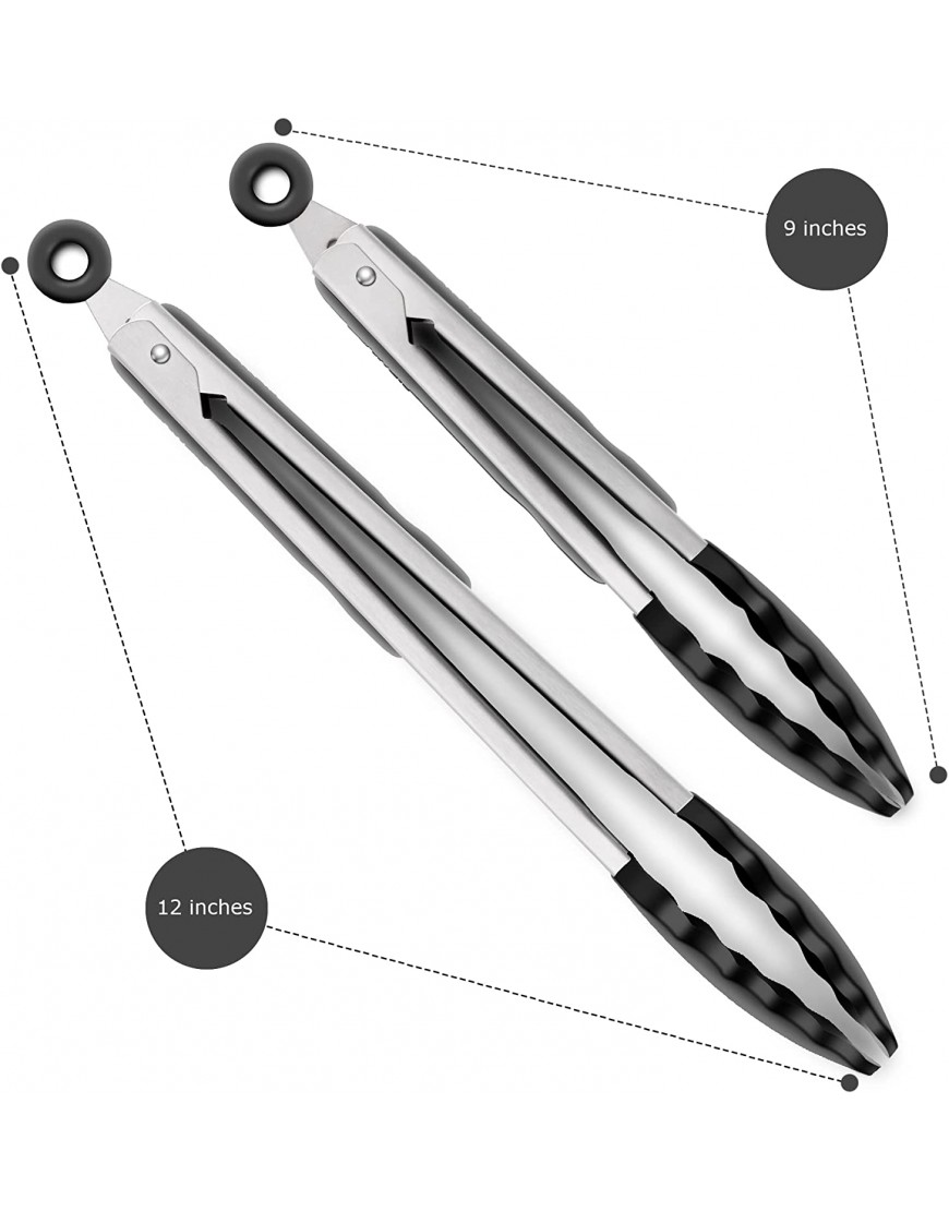 2 Pack Black Kitchen Tongs Premium Silicone BPA Free Non-Stick Stainless Steel BBQ Cooking Grilling Locking Food Tongs 9-Inch & 12-Inch
