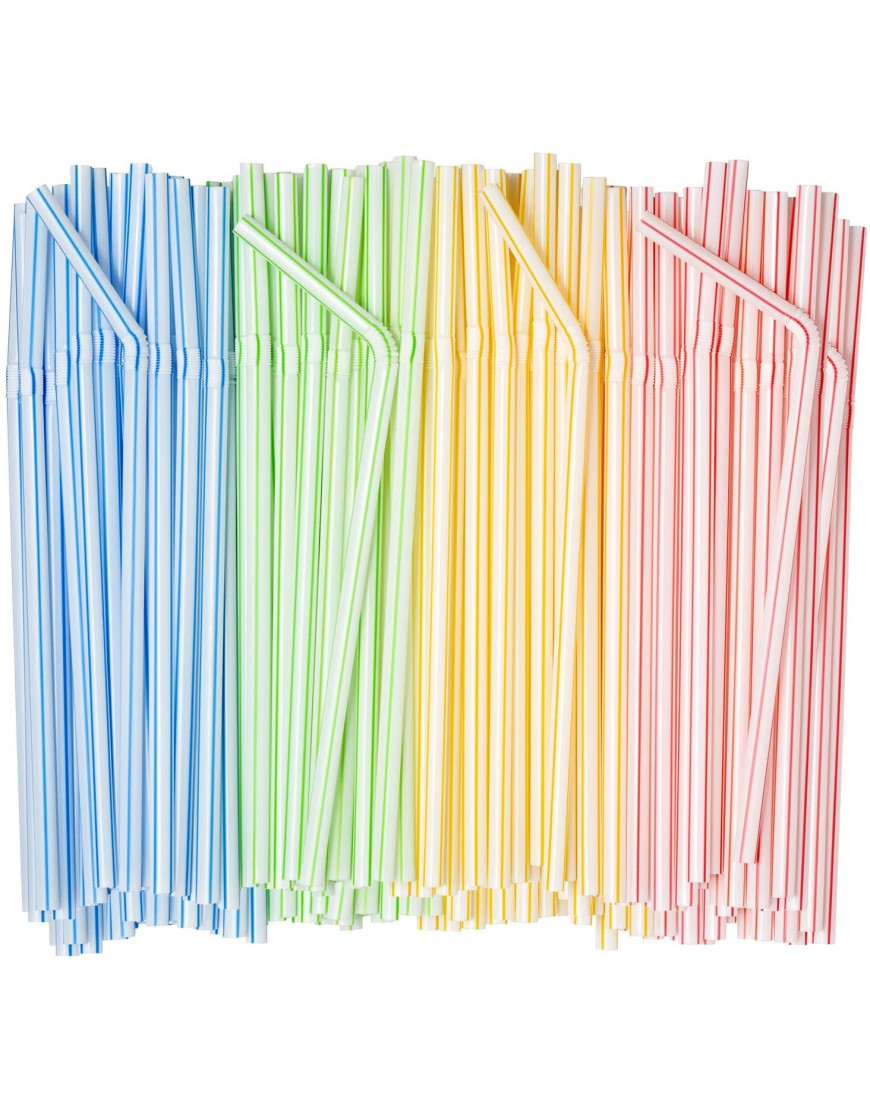 [400 Pack] Flexible Disposable Plastic Drinking Straws 7.75" High Assorted Colors Striped