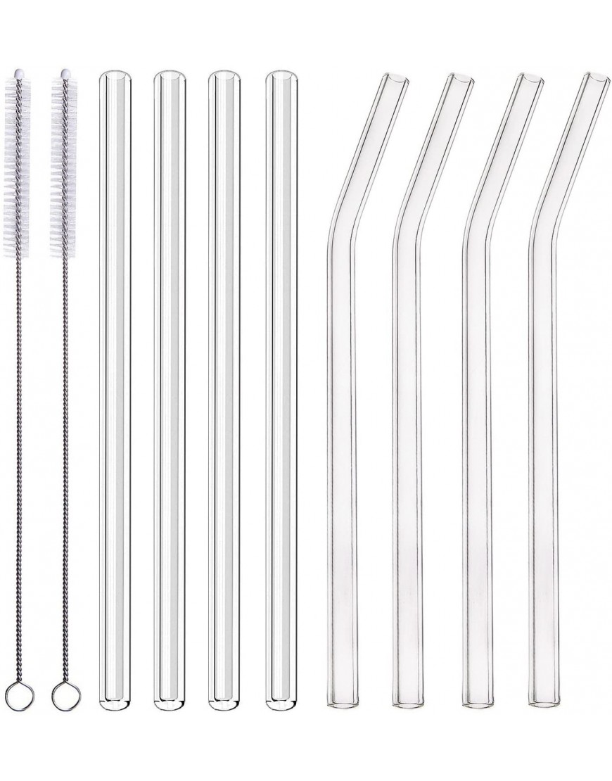 ALINK Glass Smoothie Straws 10" x 10 mm Long Reusable Clear Drinking Straws Pack of 8 with 2 Cleaning Brush,
