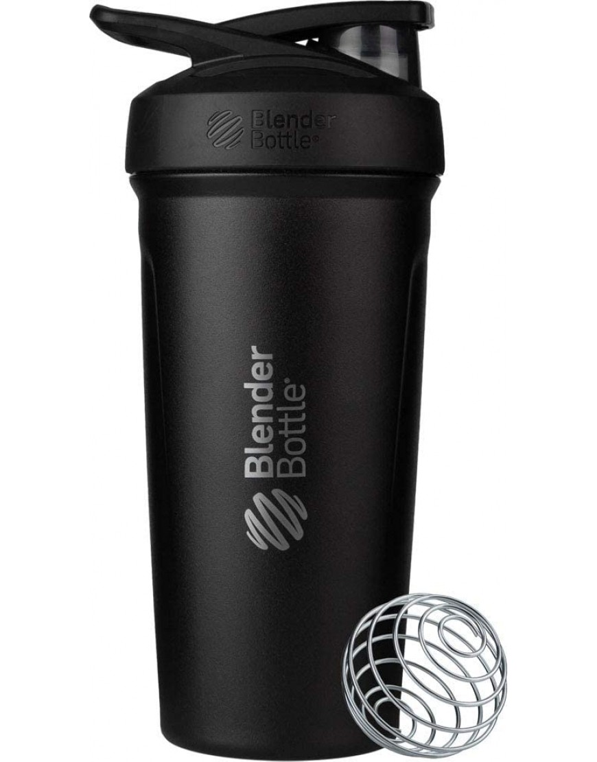 BlenderBottle Strada Shaker Cup Insulated Stainless Steel Water Bottle with Wire Whisk 24-Ounce Black