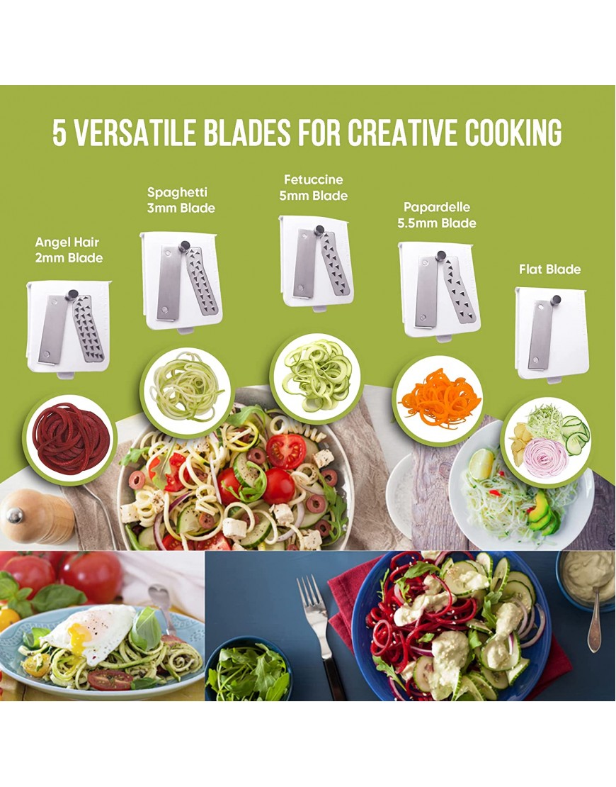 Brieftons 5-Blade Spiralizer BR-5B-02: Strongest-and-Heaviest Duty Vegetable Spiral Slicer Best Veggie Pasta Spaghetti Maker for Low Carb Paleo Gluten-Free With Extra Blade Caddy 4 Recipe Ebooks