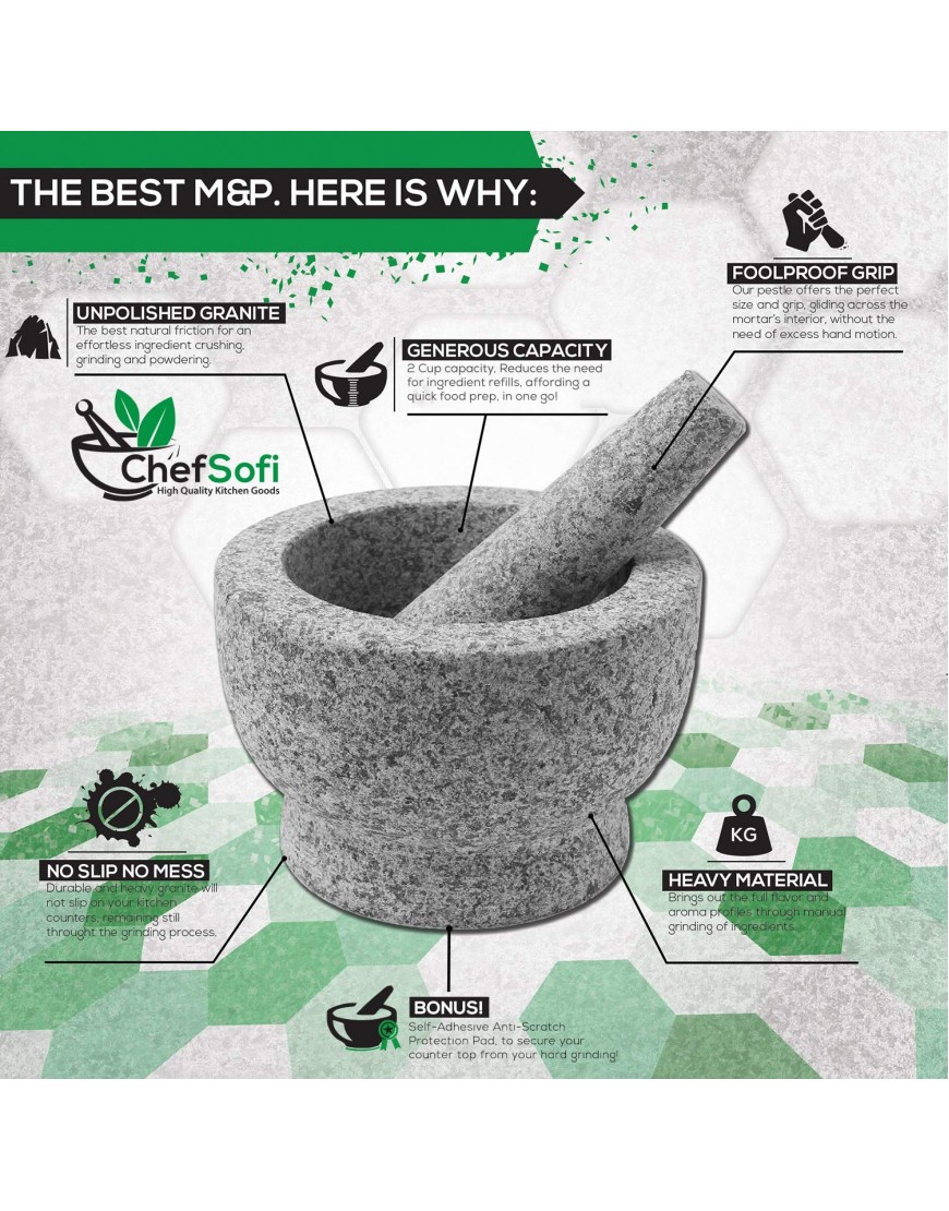 ChefSofi Mortar and Pestle Set 6 Inch 2 Cup Capacity Unpolished Heavy Granite for Enhanced Performance and Organic Appearance Included: Anti-Scratch Protector + Italian Recipes EBook