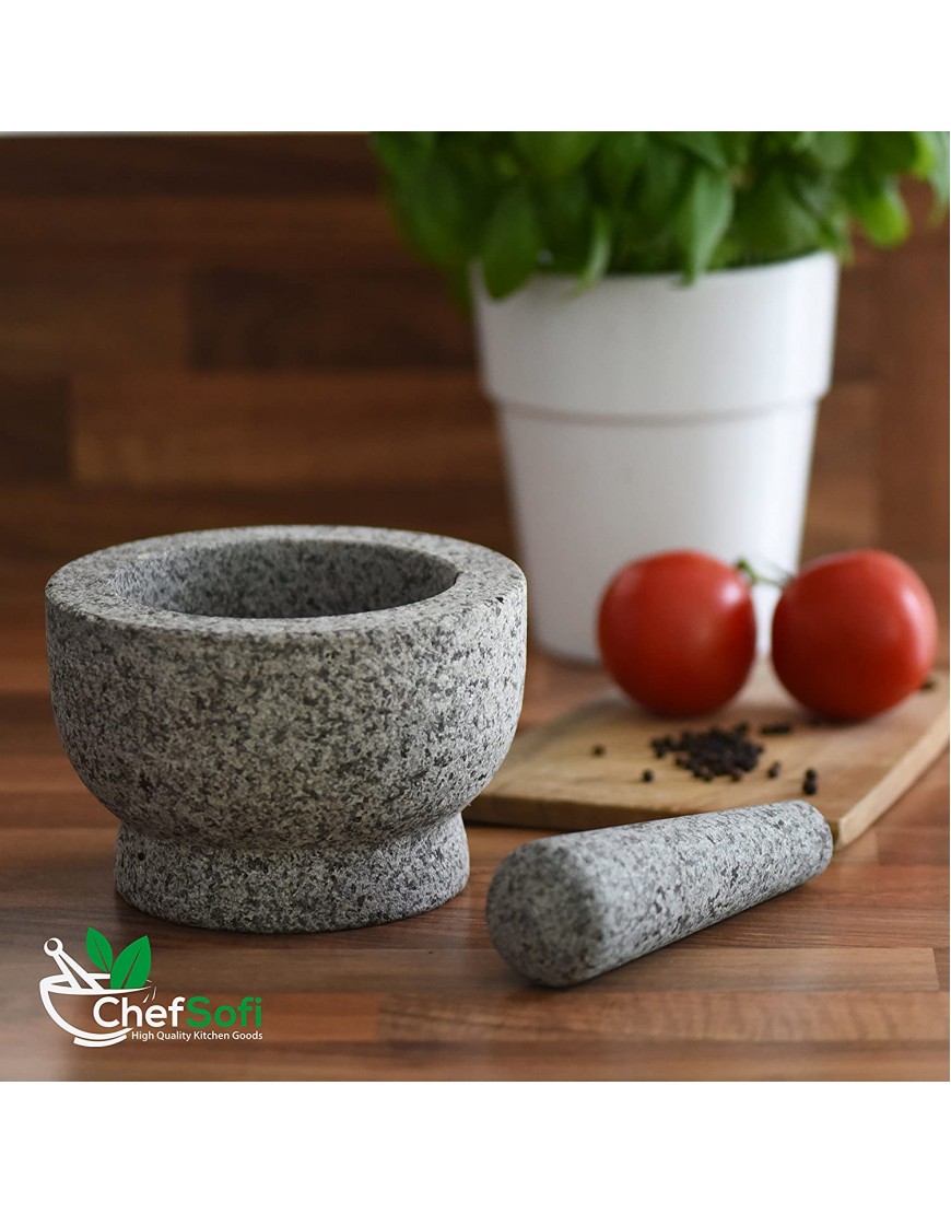 ChefSofi Mortar and Pestle Set 6 Inch 2 Cup Capacity Unpolished Heavy Granite for Enhanced Performance and Organic Appearance Included: Anti-Scratch Protector + Italian Recipes EBook