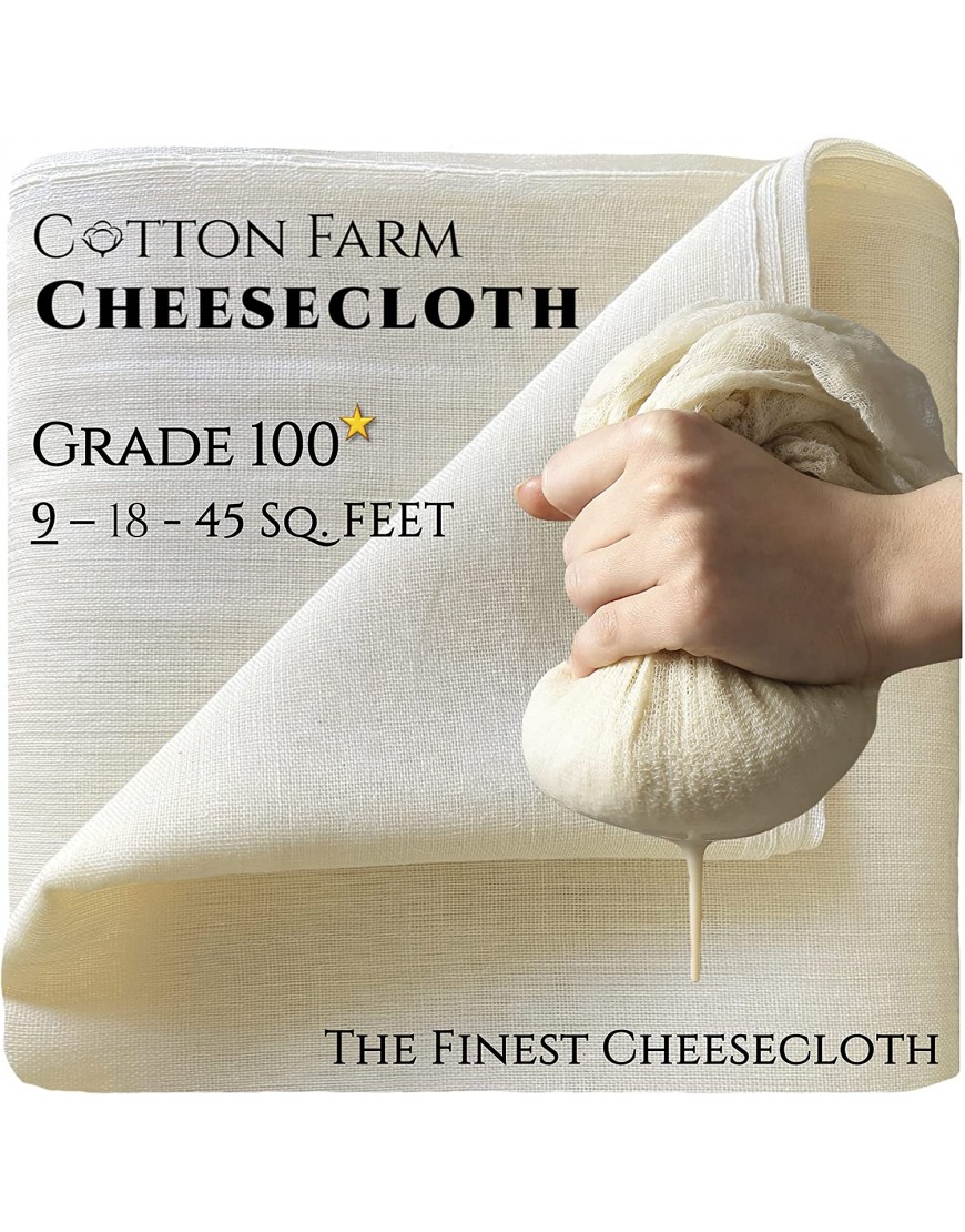 Cotton Farm Cheesecloth Grade 100 9 Square Feet 1 Sq. Yard 100% Unbleached Ultra Fine Muslin Cloth Strainer Best for Cheese Making Cooking Baking Basting Straining; Reusable and Washable