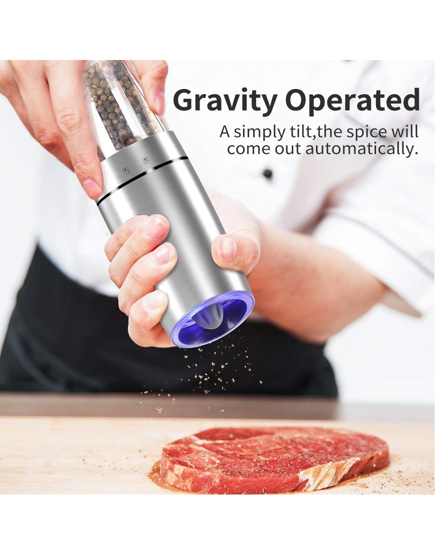 Electric Gravity Pepper Grinder set of 2 Automatic Salt and Pepper Mill Grinder Adjustable Roughness Battery Powered Blue LED Light Stainless Steel with One Hand Operation Sliver 2 pack