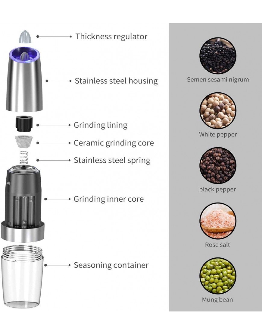 Electric Gravity Pepper Grinder set of 2 Automatic Salt and Pepper Mill Grinder Adjustable Roughness Battery Powered Blue LED Light Stainless Steel with One Hand Operation Sliver 2 pack