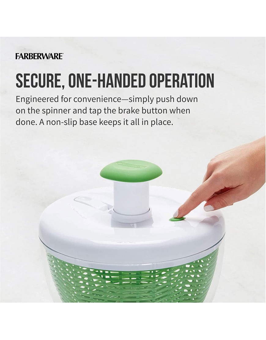 Farberware Easy to use pro Pump Spinner with Bowl Colander and Built in draining System for Fresh Crisp Clean Salad and Produce Large 6.6 quart Green