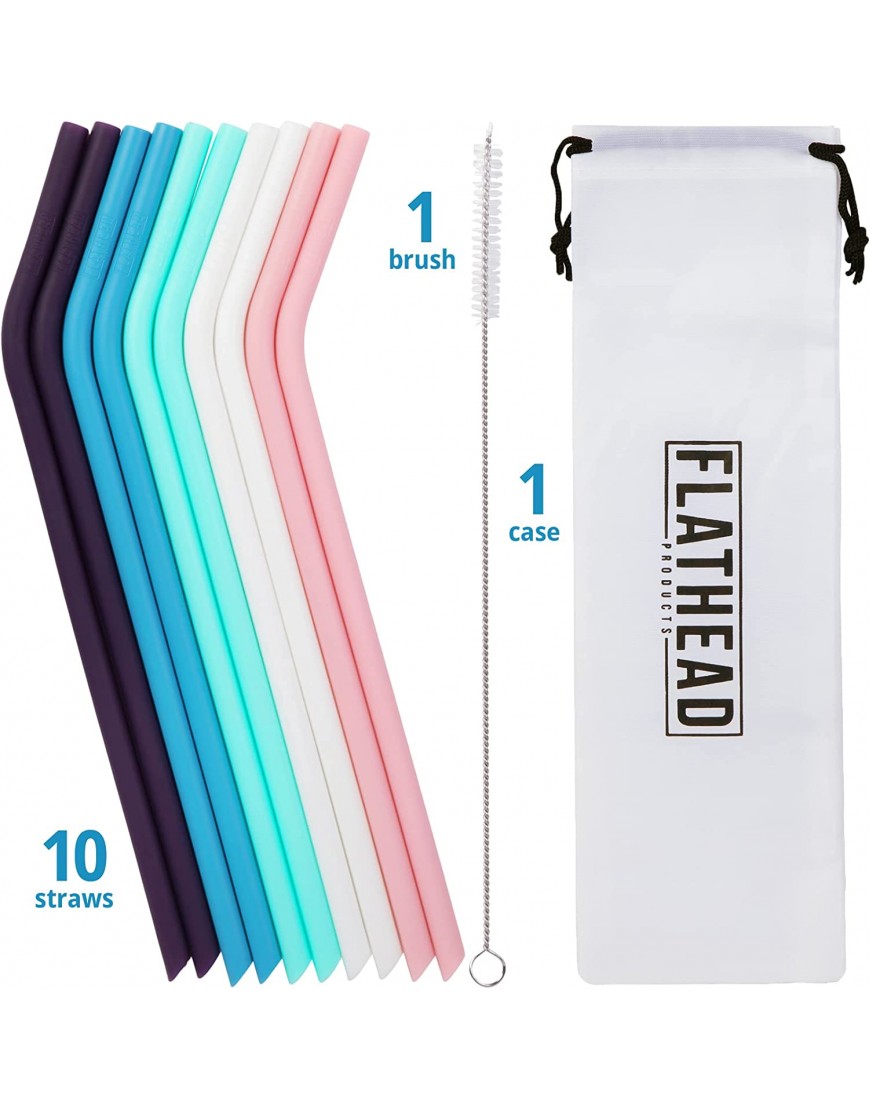 Flathead Reusable Silicone Drinking Straws with Travel Case Cleaning Brush Extra long for 30oz and 20oz Tumblers Set of 10 BPA Free Reusable Straws