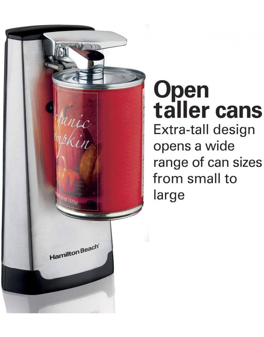 Hamilton Beach Automatic Can Opener Electric with Easy-Clean Detachable Cutting Lever Knife Sharpener Cord Storage Brushed Stainless Steel 76700