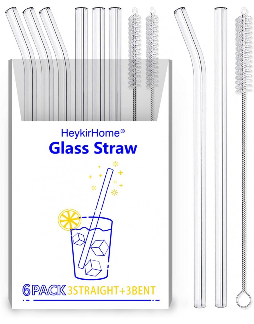 HeykirHome 6-Pack Reusable Glass Straw-Transparent,Size 8''x10 MM,Including 3 Straight and 3 Bent with 2 Cleaning Brush- Perfect For Smoothies Tea Juice-Clear