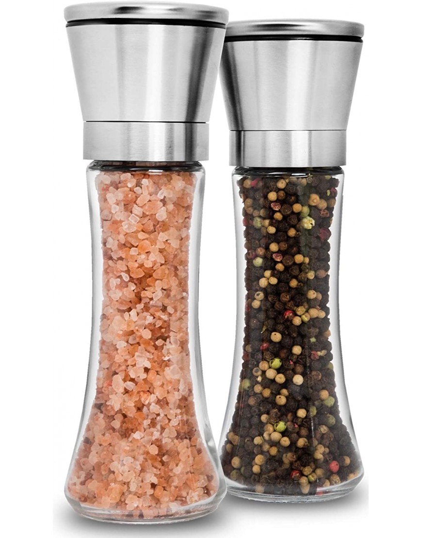 HOME EC Premium Stainless Steel Salt and Pepper Grinder Set of 2 Adjustable Ceramic Sea Salt Grinder & Pepper Grinder Tall Glass Salt and Pepper Shakers Pepper Mill & Salt Mill W Funnel & Ebook