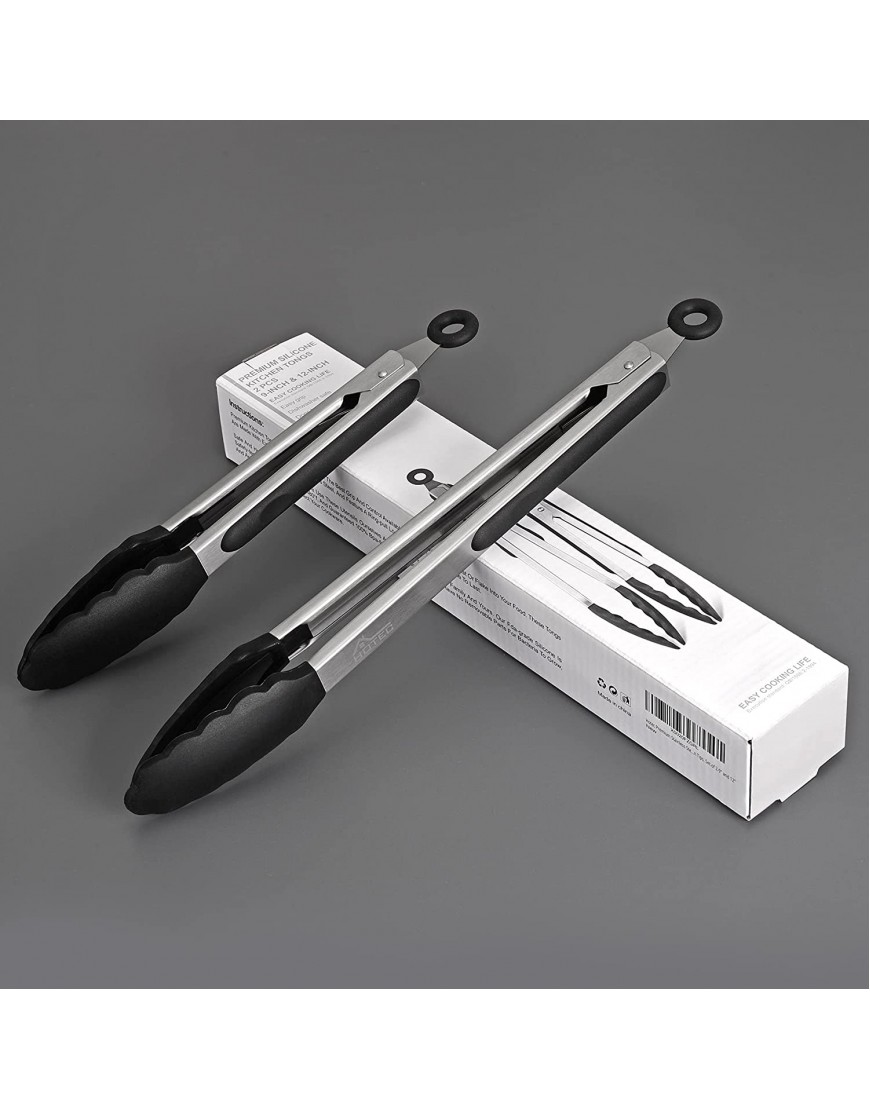 HOTEC Premium Stainless Steel Locking Kitchen Tongs with Silicon Tips Set of 2 9 and 12
