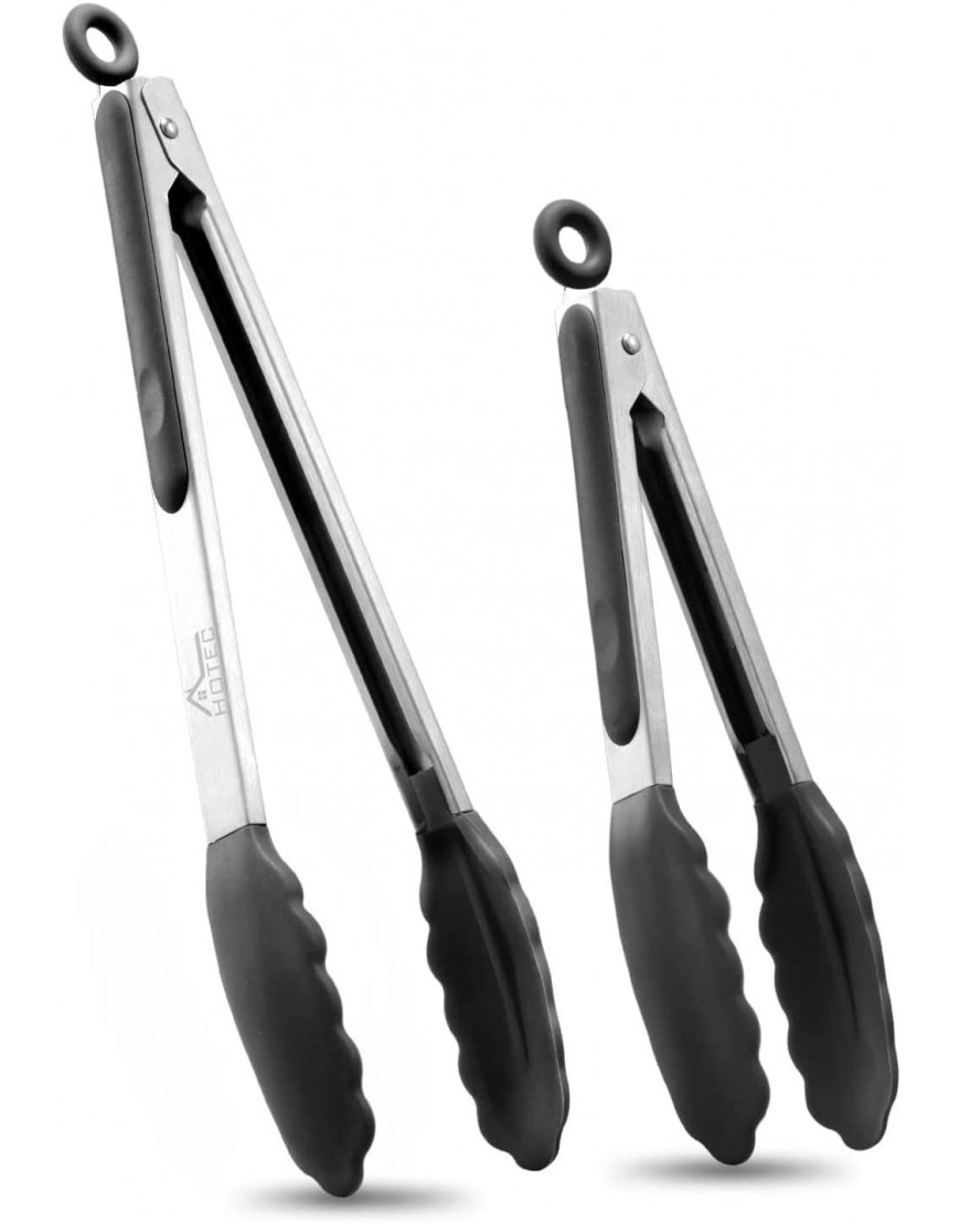 HOTEC Premium Stainless Steel Locking Kitchen Tongs with Silicon Tips Set of 2 9" and 12"