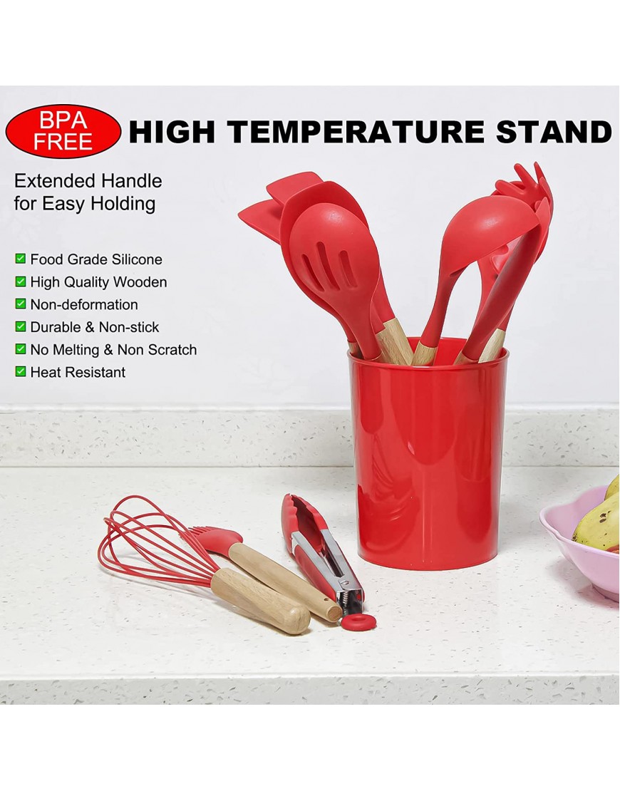 HST Silicone Cooking Utensils Set 12pcs Non-stick Kitchen Cookware with Wooden Handle BPA Free Heat Resistant Kitchen Gadgets Tools with Holder for Baking Cooking and Mixing Red