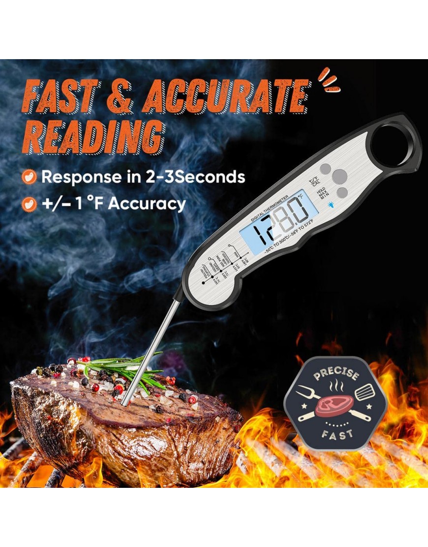 Instant Read Meat Thermometer for Cooking Fast & Precise Digital Food Thermometer with Backlight Magnet Calibration and Foldable Probe for Deep Fry BBQ Grill and Roast Turkey