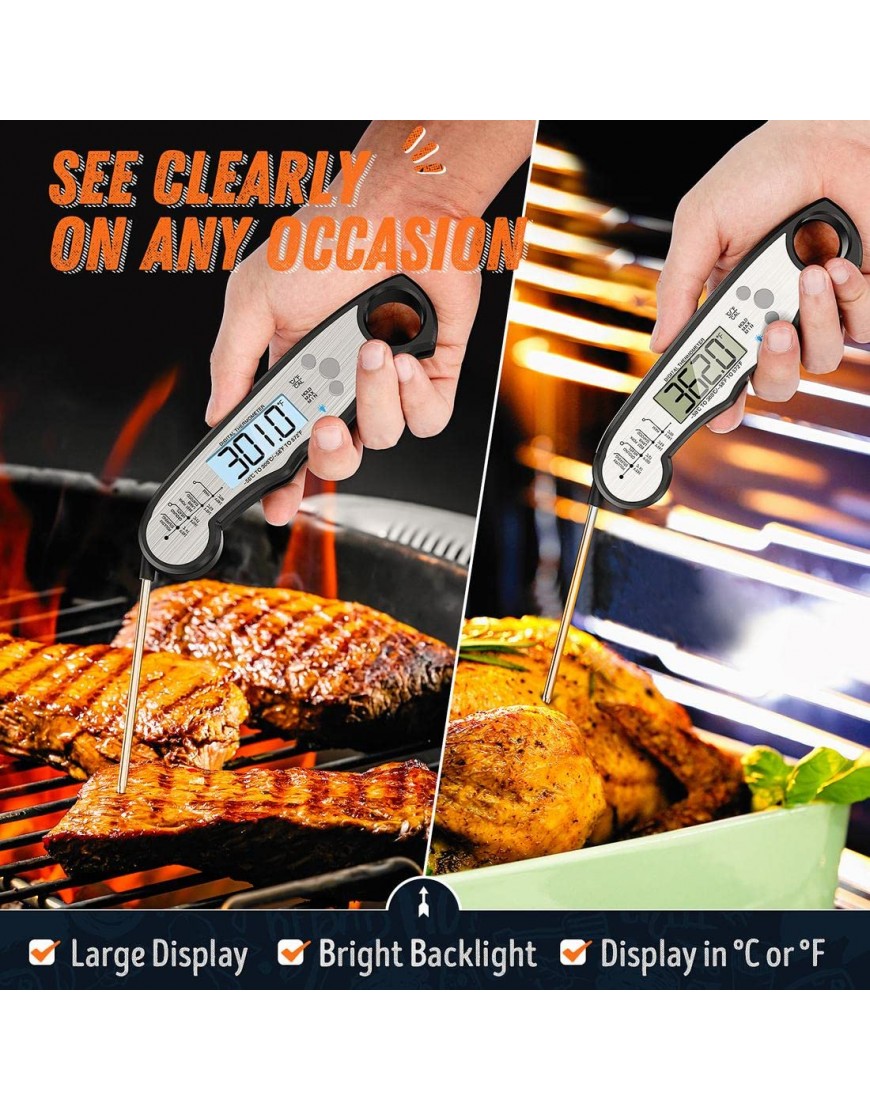 Instant Read Meat Thermometer for Cooking Fast & Precise Digital Food Thermometer with Backlight Magnet Calibration and Foldable Probe for Deep Fry BBQ Grill and Roast Turkey