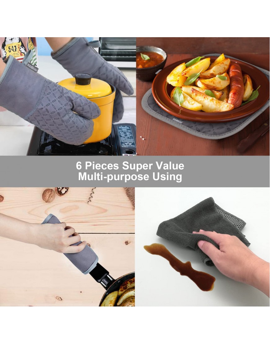 KEGOUU Oven Mitts and Pot Holders 6pcs Set Kitchen Oven Glove High Heat Resistant 500 Degree Extra Long Oven Mitts and Potholder with Non-Slip Silicone Surface for Cooking Grey