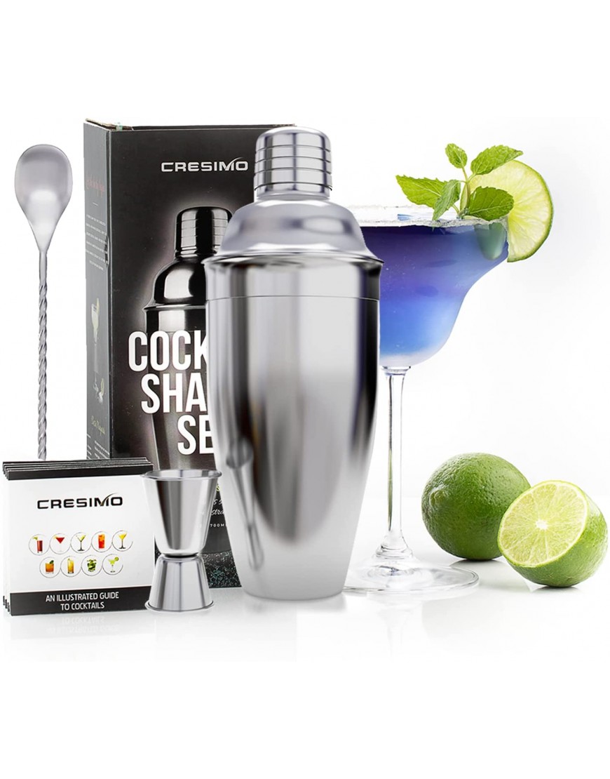 Large Cocktail Shaker Set: 24oz Stainless Steel Martini Shaker Drink Mixer Set with Alcohol Bar Tools: Ice Strainer Jigger Bar Spoon Craft Cocktail Kit Recipe Guide Mixology Bartender Kit Cresimo