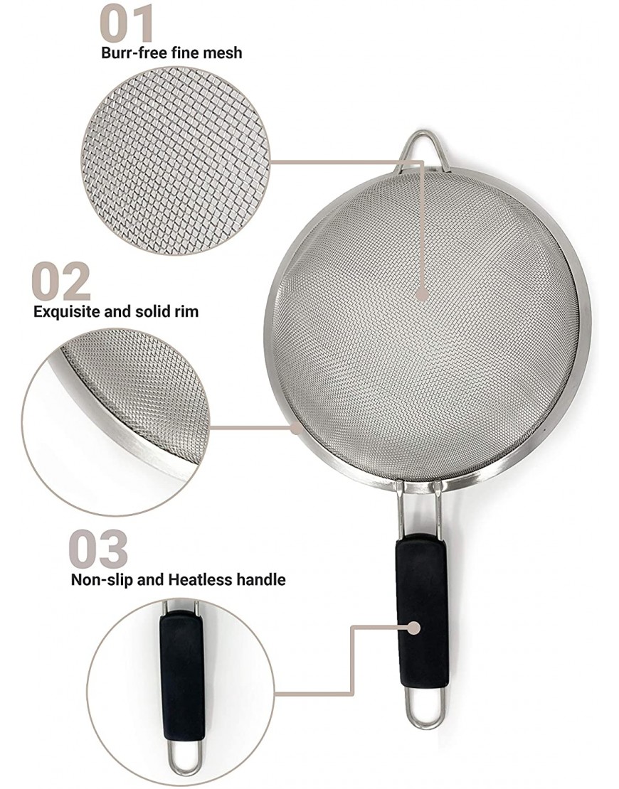 Makerstep Set of 3 Stainless Steel Fine Mesh Strainers Graduated Sizes 3.38 5.5 7.87 Strainer Wire Sieve Sifter with Insulated Handle for Kitchen Gadgets Tools New Home Kitchen Essentials