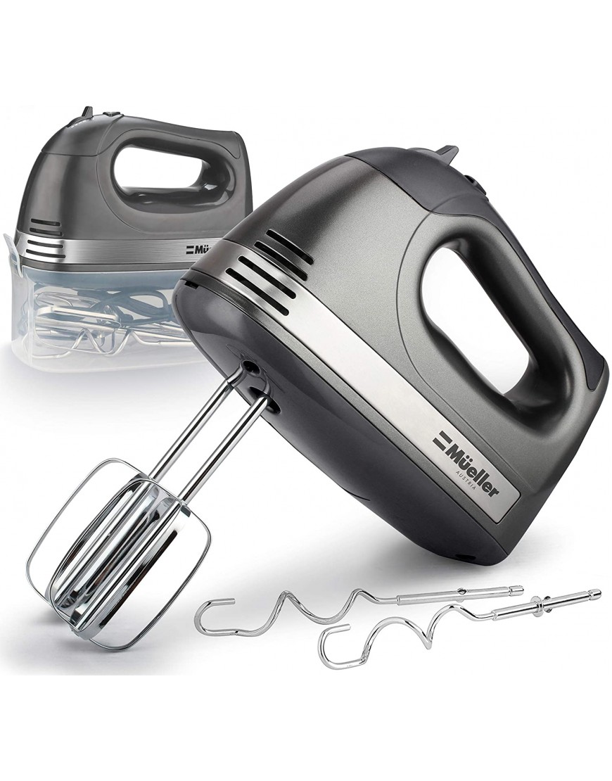 Mueller Electric Hand Mixer 5 Speed 250W Turbo with Snap-On Storage Case and 4 Stainless Steel Accessories for Easy Whipping Mixing Cookies Brownies Cakes and Dough Batters