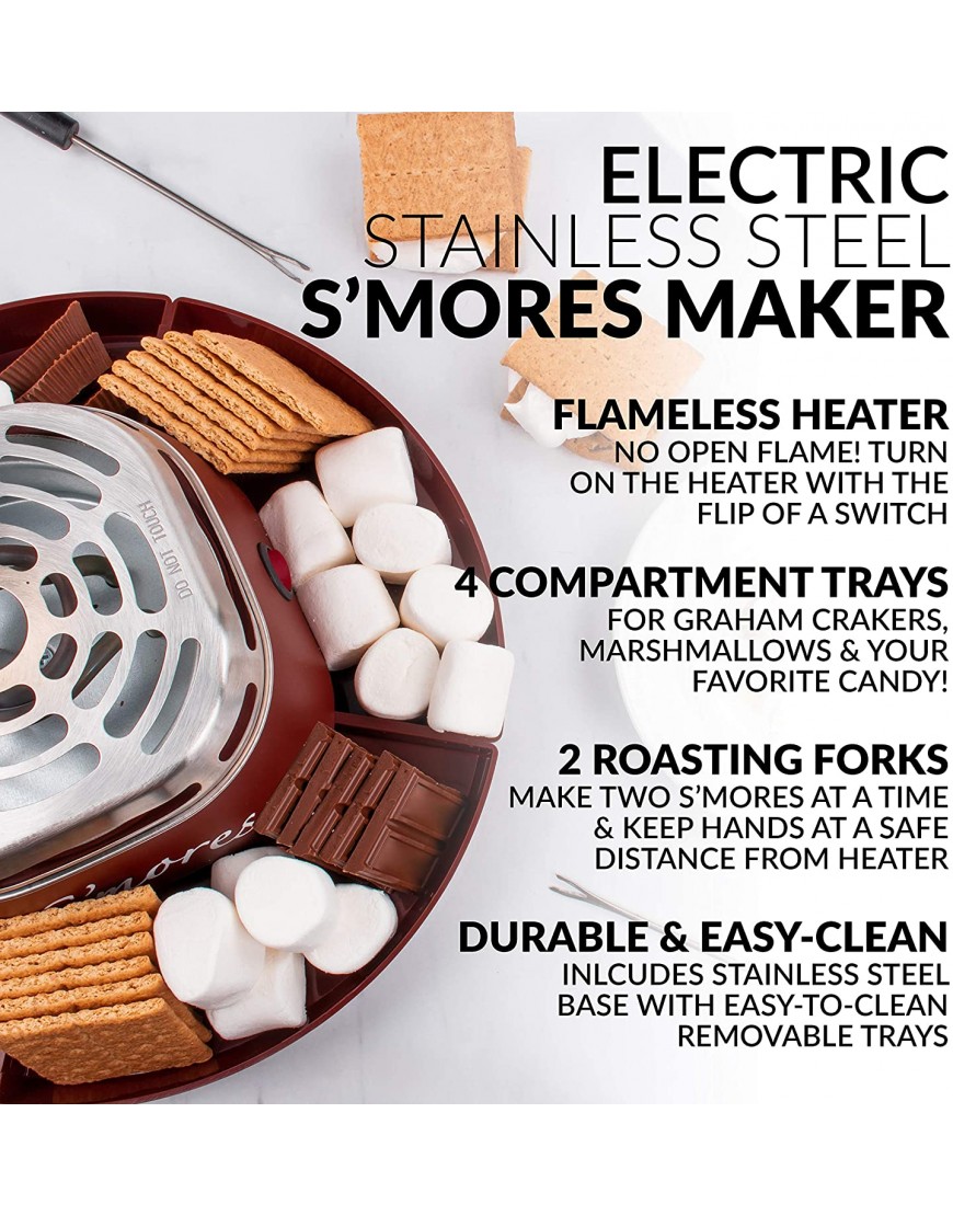 Nostalgia Indoor Electric Stainless Steel S'mores Maker with 4 Compartment Trays for Graham Crackers Chocolate Marshmallows and 2 Roasting Forks Brown