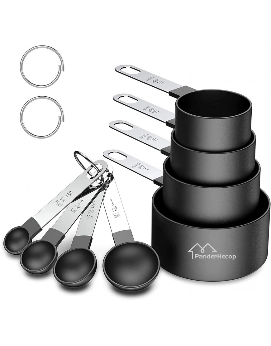 PanderHecop Measuring Cups and Spoons Set 8 Piece Stackable Stainless Steel Handle Accurate Tablespoon for Measuring Dry and Liquid Ingredients Small Teaspoon with Plastic Head 8 Black