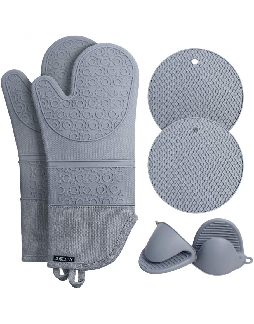 Rorecay Extra Long Oven Mitts and Pot Holders Sets: Heat Resistant Silicone Oven Mittens with Mini Oven Gloves and Hot Pads Potholders for Kitchen Baking Cooking Quilted Liner Gray Pack of 6