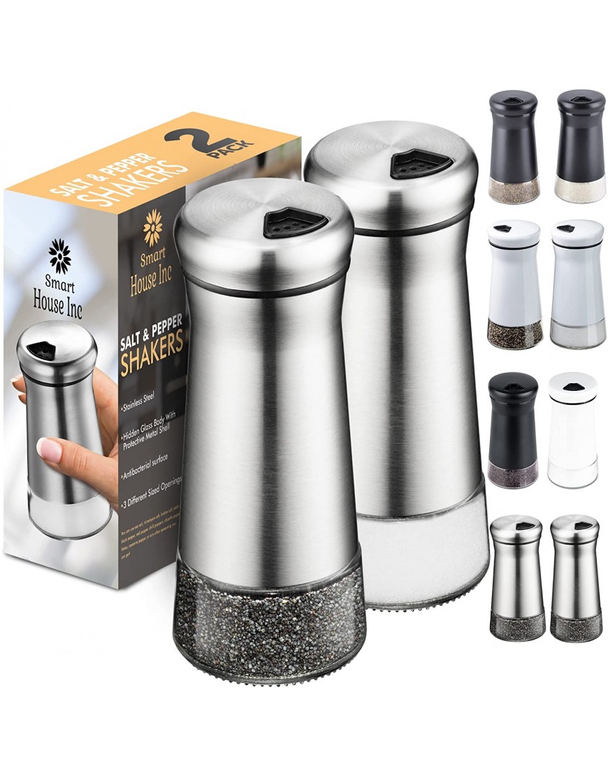 Salt and Pepper Shakers set Spice Dispenser with Adjustable Pour Holes Stainless Steel & Glass Set of 2 Bottles By Smart House Inc