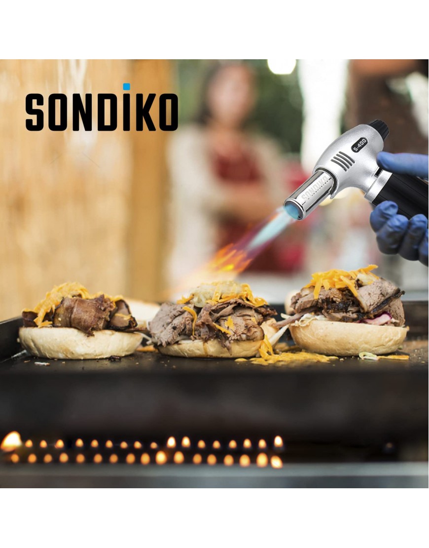 Sondiko Butane Torch Refillable Kitchen Torch Lighter Fit All Butane Tanks Blow Torch with Safety Lock and Adjustable Flame for Desserts Creme Brulee BBQ and Baking—Butane Gas Is Not Included