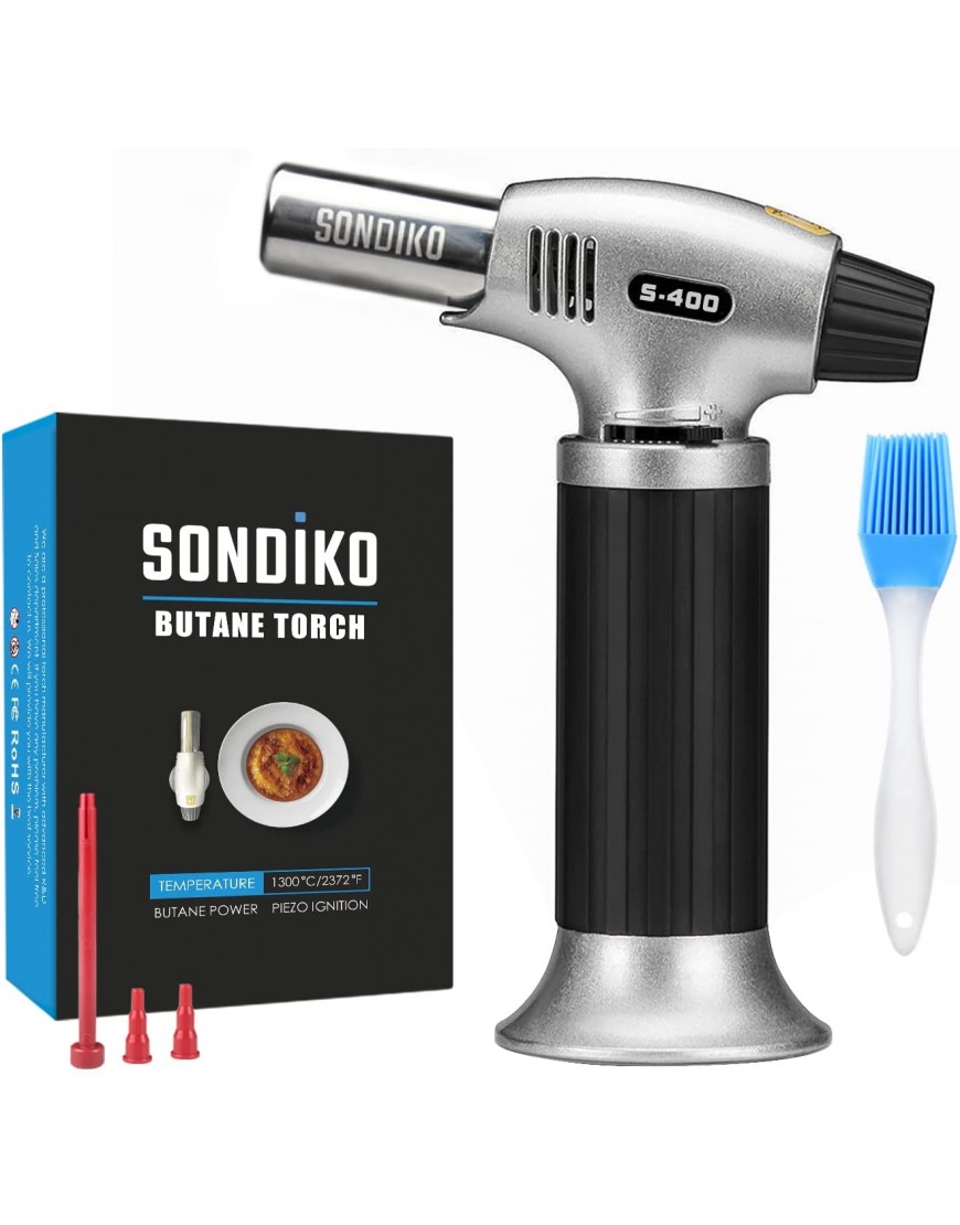 Sondiko Butane Torch Refillable Kitchen Torch Lighter Fit All Butane Tanks Blow Torch with Safety Lock and Adjustable Flame for Desserts Creme Brulee BBQ and Baking—Butane Gas Is Not Included