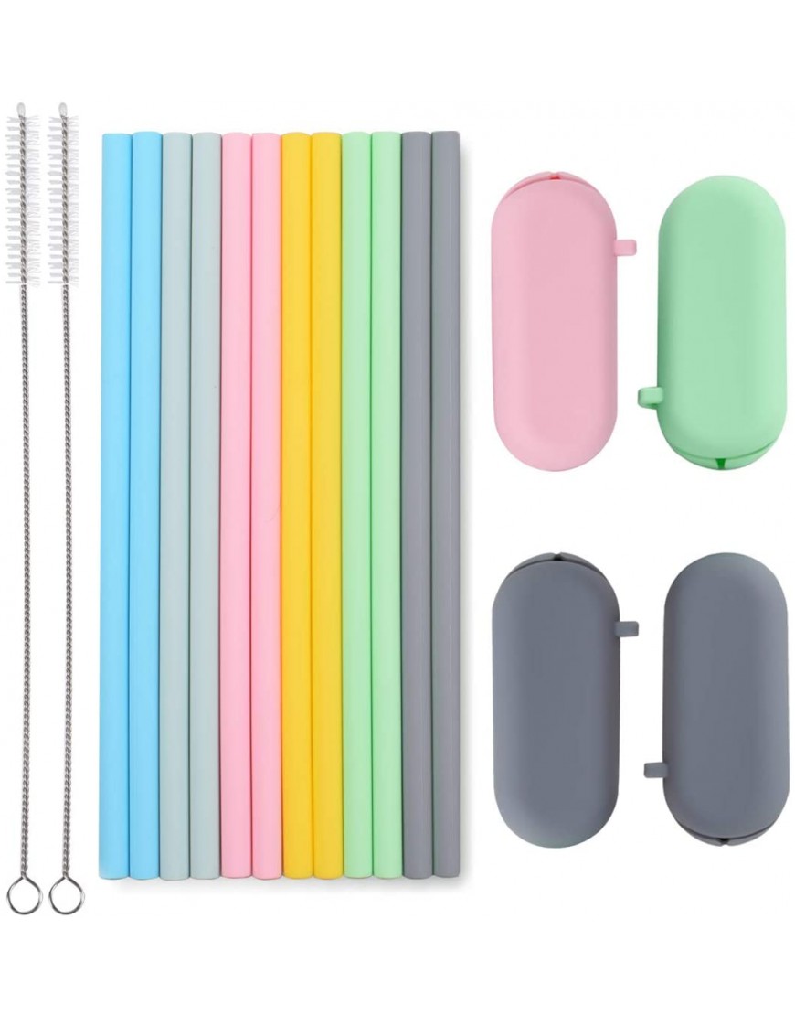 Sunseeke Silicone Straws Set Odorless 12 Standard Reusable Drinking Straws 4 Carry Pouch 2 Cleaning Brushes Certificated Food Grade Platinum Silicone 8 1 2" Long