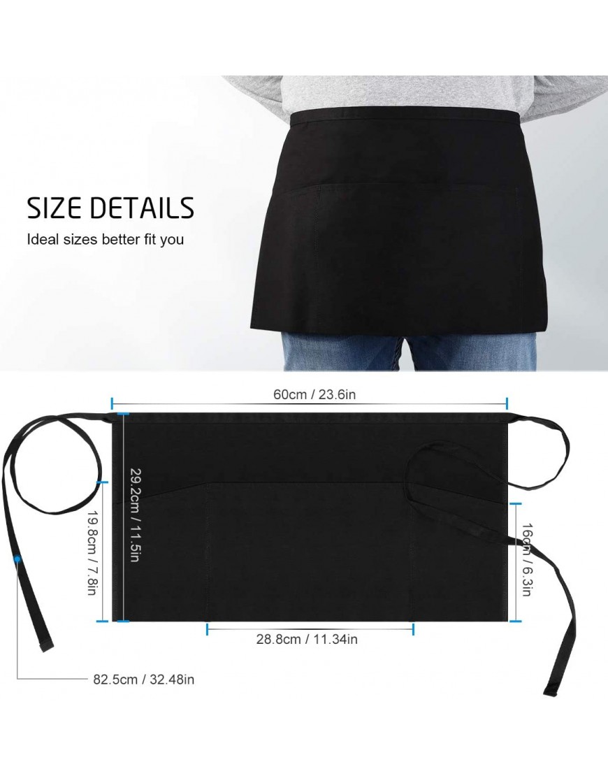 Syntus 3 Pack Server Aprons with 3 Pockets 100% Cotton Waitress Waiter Waist Apron 11.5-inch Black