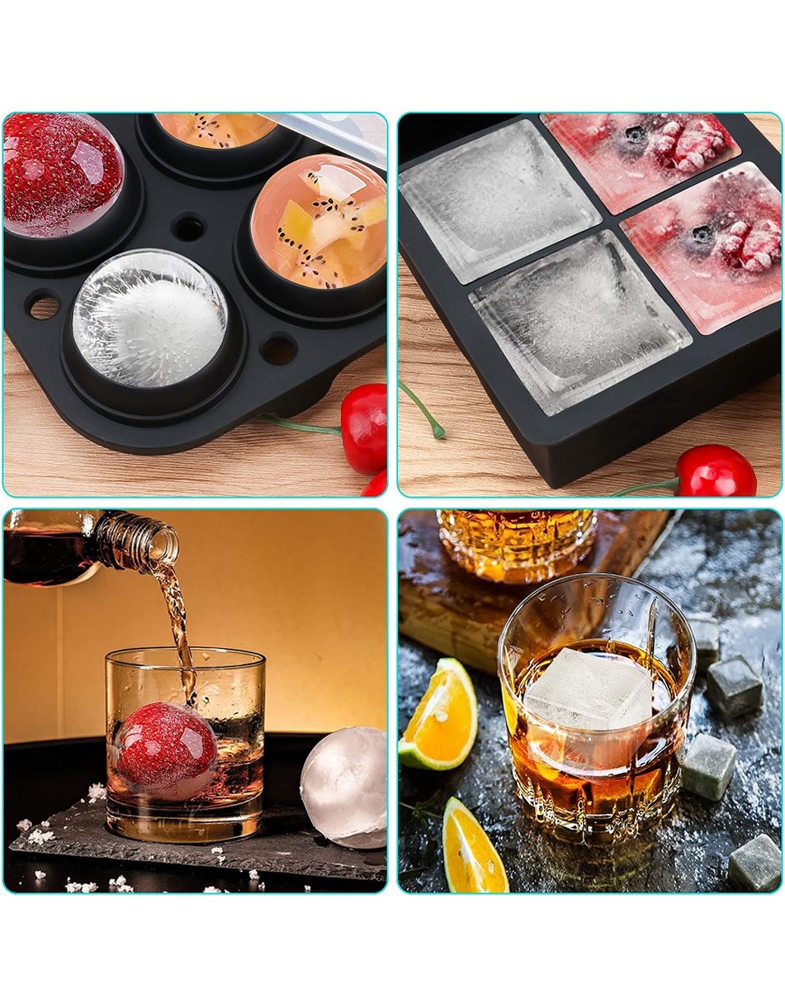 Ticent Ice Cube Trays Set of 2 Silicone Sphere Whiskey Ice Ball Maker with Lids & Large Square Ice Cube Molds for Cocktails & Bourbon Reusable & BPA Free