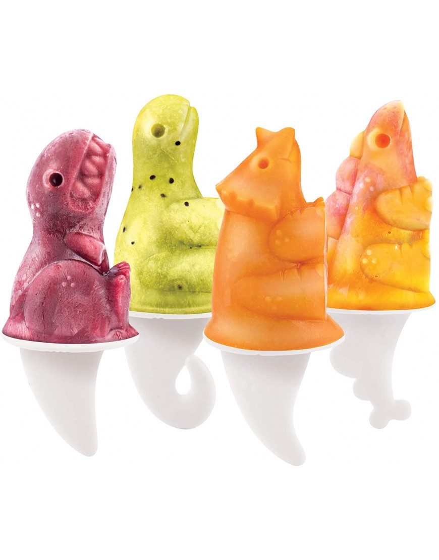 Tovolo Dino Ice Pop Molds Flexible Silicone Easily-Removable Dishwasher Safe Set of 4 Popsicle Makers with Sticks