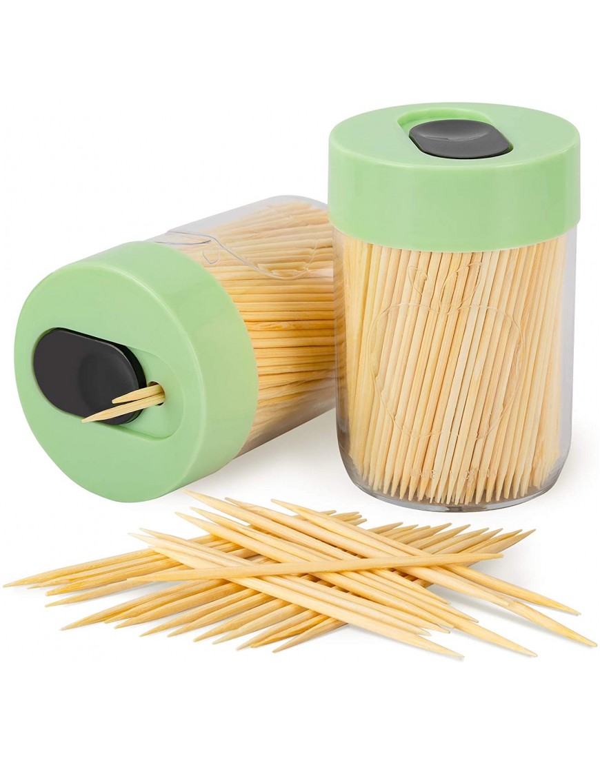Urbanstrive Sturdy Safe Toothpick Holder with 800 Natural Wood Toothpicks for Teeth Cleaning Unique Home Design Decoration Unusual Gift 2 Pack Green