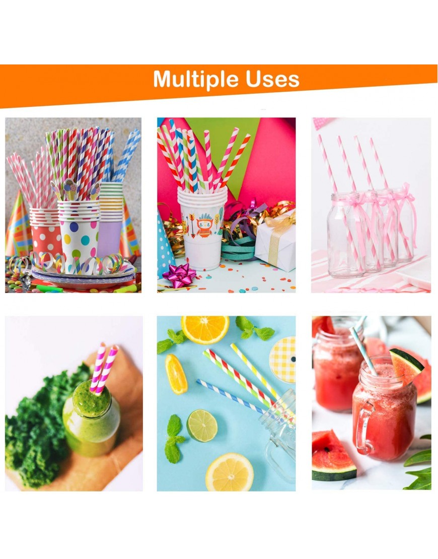 Weemium 200 Biodegradable Paper Straws Durable & Eco-Friendly in 10 Color Stripes Rainbow Drinking Straws & Party Decoration Supplies