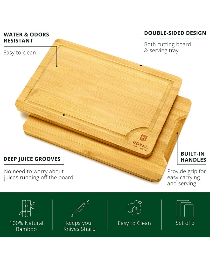 Wood Cutting Board Set Bamboo Cutting Board with Juice Groove Kitchen Chopping Board for Meat Butcher Block Cheese and Vegetables | Heavy Duty Serving Tray w Handles 3