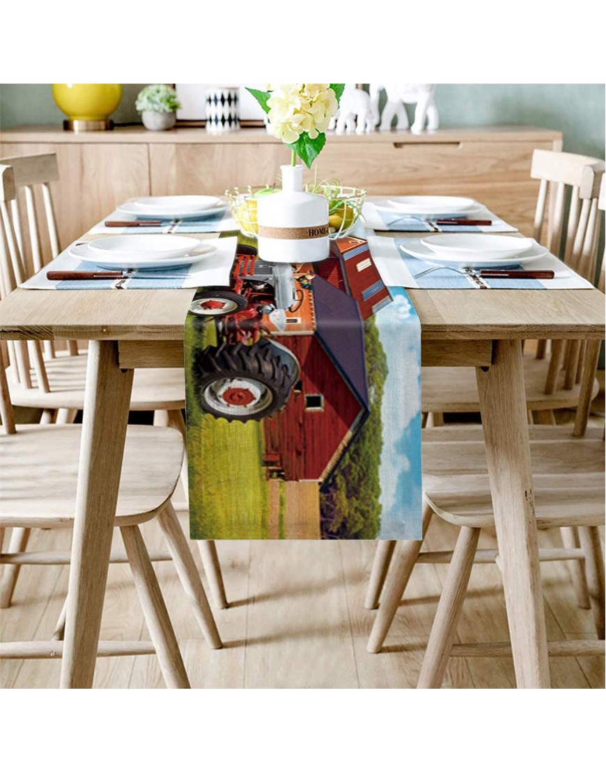 Big buy store Farm Tractor House Cotton Linen Table Runner Dresser Scarves Blue Sky Green Farmland Rectangle Table Setting Covers for Party Holiday Wedding Farmhouse Kitchen Dinner -13 x 70 inch