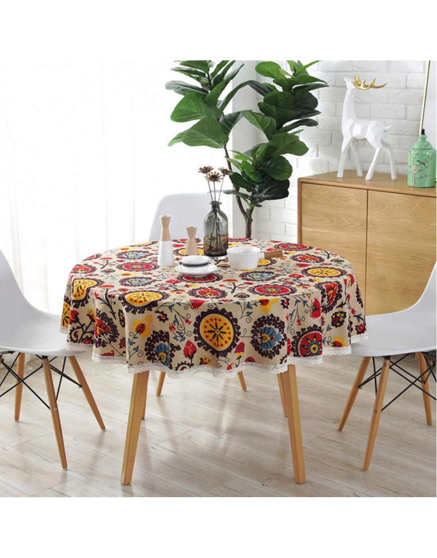 Bohemian Style Round Tablecloth Cotton Linen Lace Floral Table Cloth for Kitchen Dining Room Tabletop Decoration Round 60