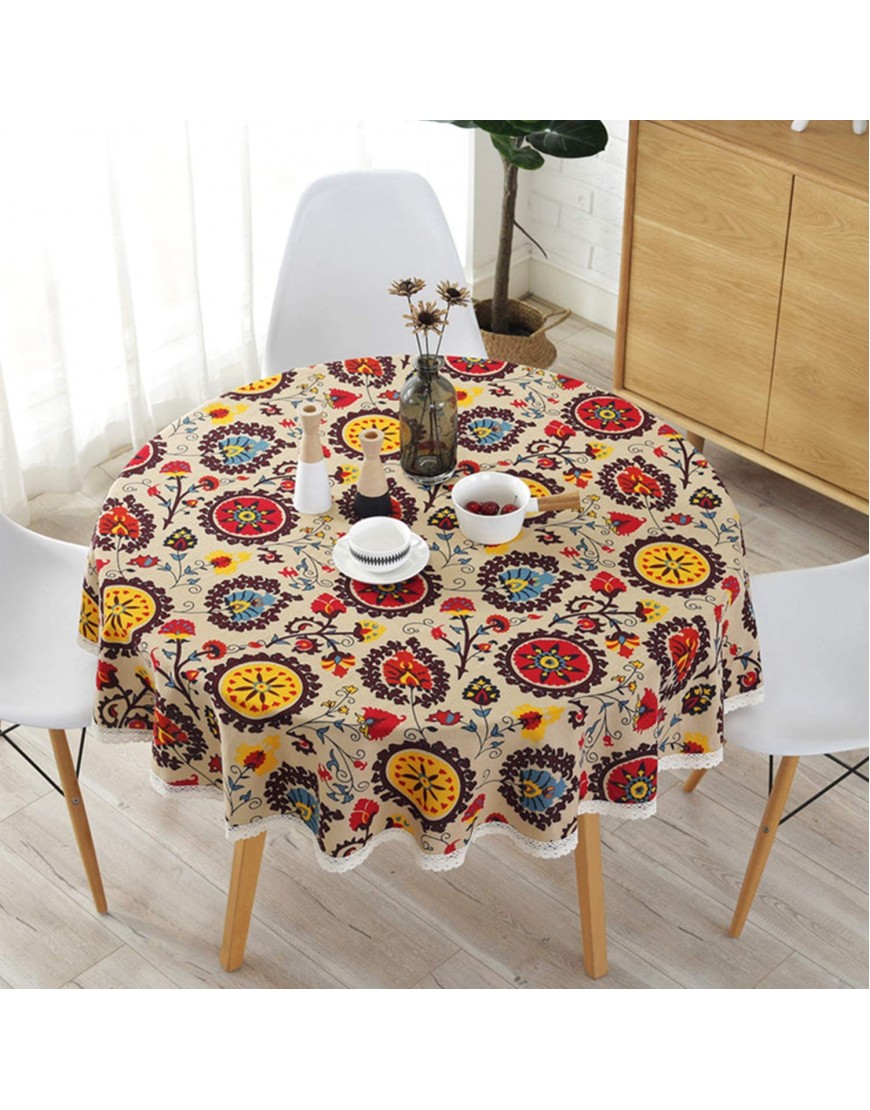 Bohemian Style Round Tablecloth Cotton Linen Lace Floral Table Cloth for Kitchen Dining Room Tabletop Decoration Round 60