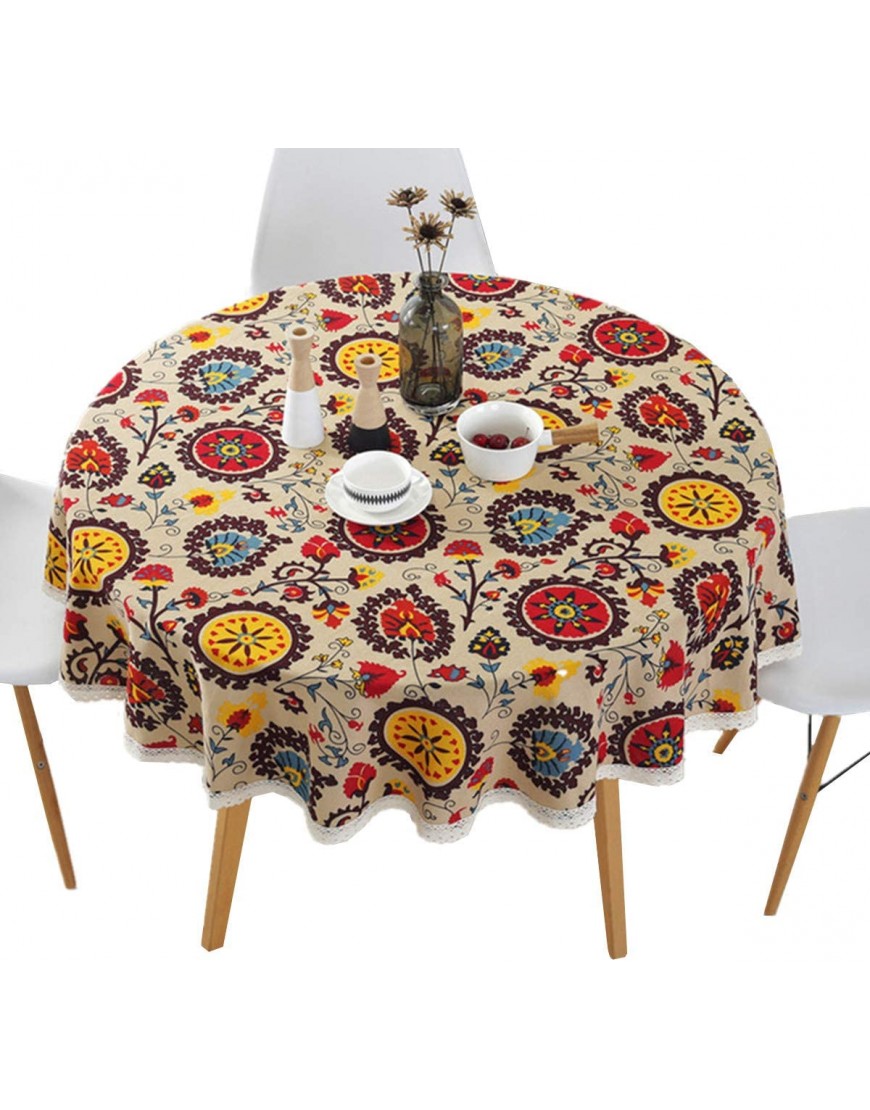 Bohemian Style Round Tablecloth Cotton Linen Lace Floral Table Cloth for Kitchen Dining Room Tabletop Decoration Round 60"