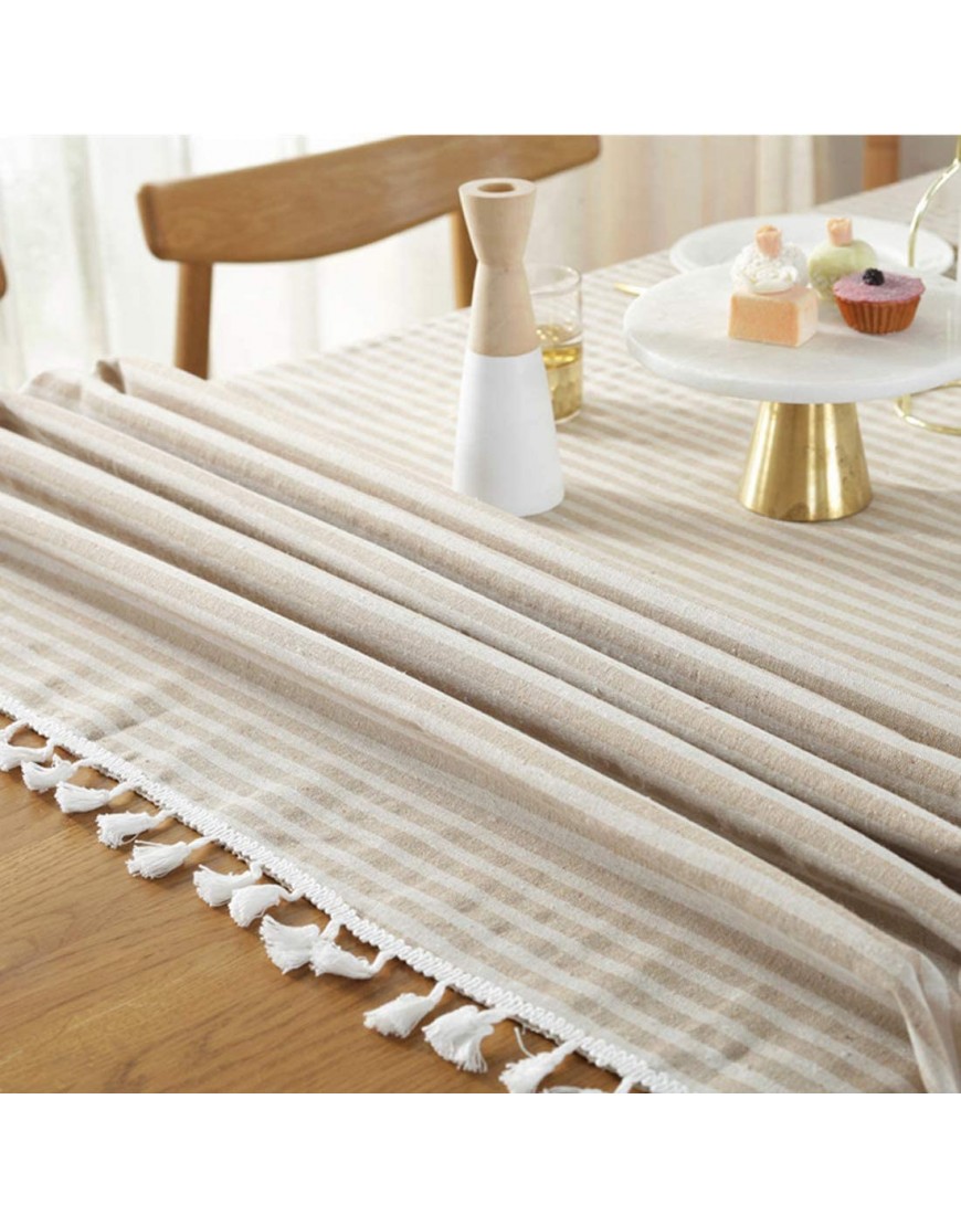 Bringsine Stripe Tassel Tablecloth Cotton Linen Stain Resistant Dust-Proof Table Cloth Cover for Kitchen Dinning Tabletop Decoration Rectangle Oblong,55 x 79 Inch Beige