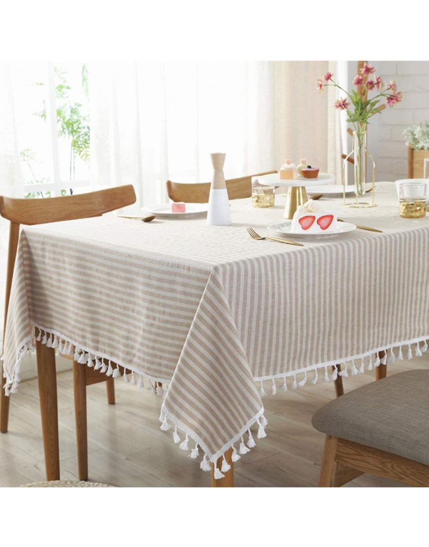 Bringsine Stripe Tassel Tablecloth Cotton Linen Stain Resistant Dust-Proof Table Cloth Cover for Kitchen Dinning Tabletop Decoration Rectangle Oblong,55 x 79 Inch Beige