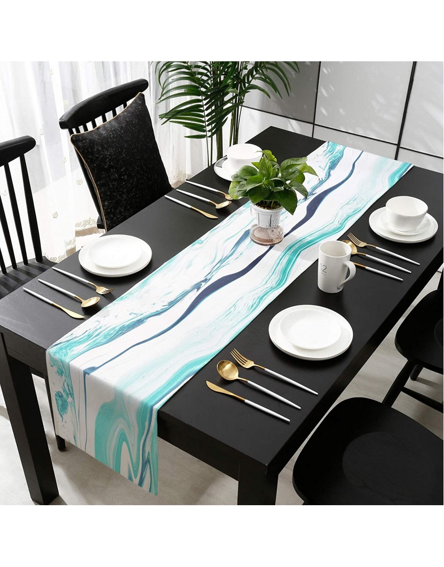 Burlap Linen Table Runner 70 Inch Long Water Ripple Blur Kitchen Dining Table Runner Dresser Scarves Teal Turquoise Pattern Farmhouse Home Decor for Coffee Table Wedding Party Banquet