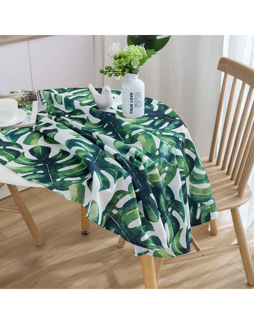 ColorBird Palm Leaf Tablecloth Waterproof Cotton Table Cover for Kitchen Dinning Tabletop Linen Decoration Round 60 Inch Green