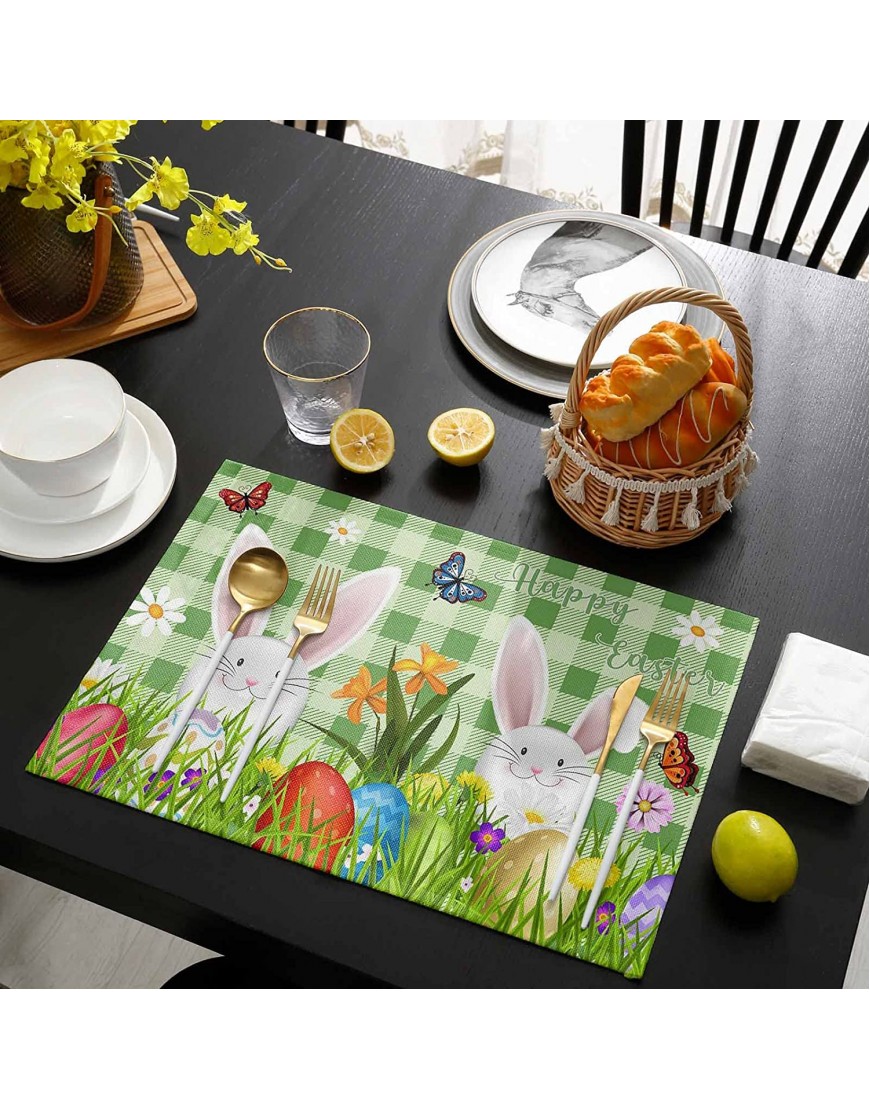 Easter Day Placemats Set of 4 Happy Easter Cute Rabbit Eggs Spring Flower Place Mat for Dining Table Washable Cotton Linen Table Mats 13 x 19 Inch