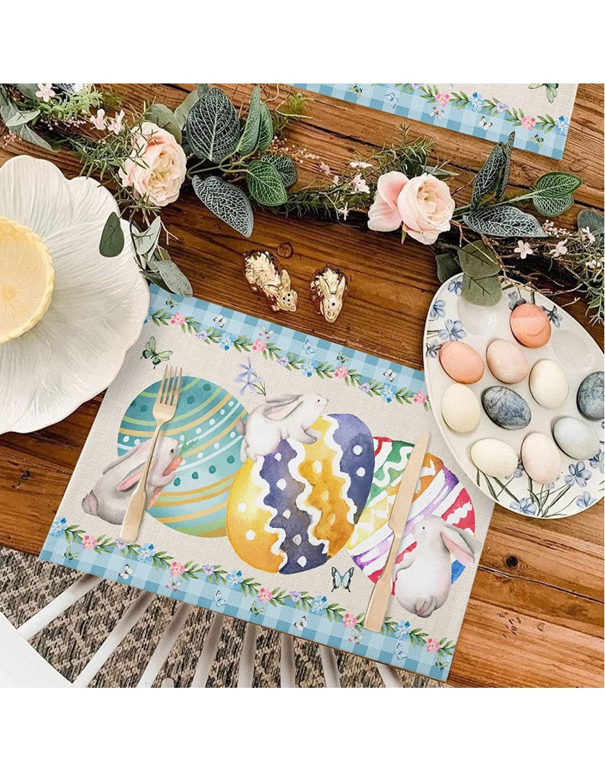 Easter Placemats Set of 6 for Dining Table Easter Eggs Rabbits Spring Flowers Blue Plaid Non-Slip Heat-Resistant Washable Kitchen Table Mats Seasonal Spring Holiday Linen Placemats for Dinner Party
