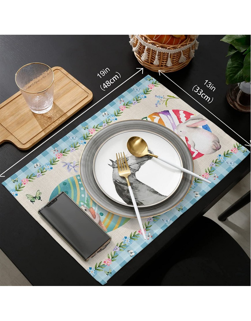 Easter Placemats Set of 6 for Dining Table Easter Eggs Rabbits Spring Flowers Blue Plaid Non-Slip Heat-Resistant Washable Kitchen Table Mats Seasonal Spring Holiday Linen Placemats for Dinner Party