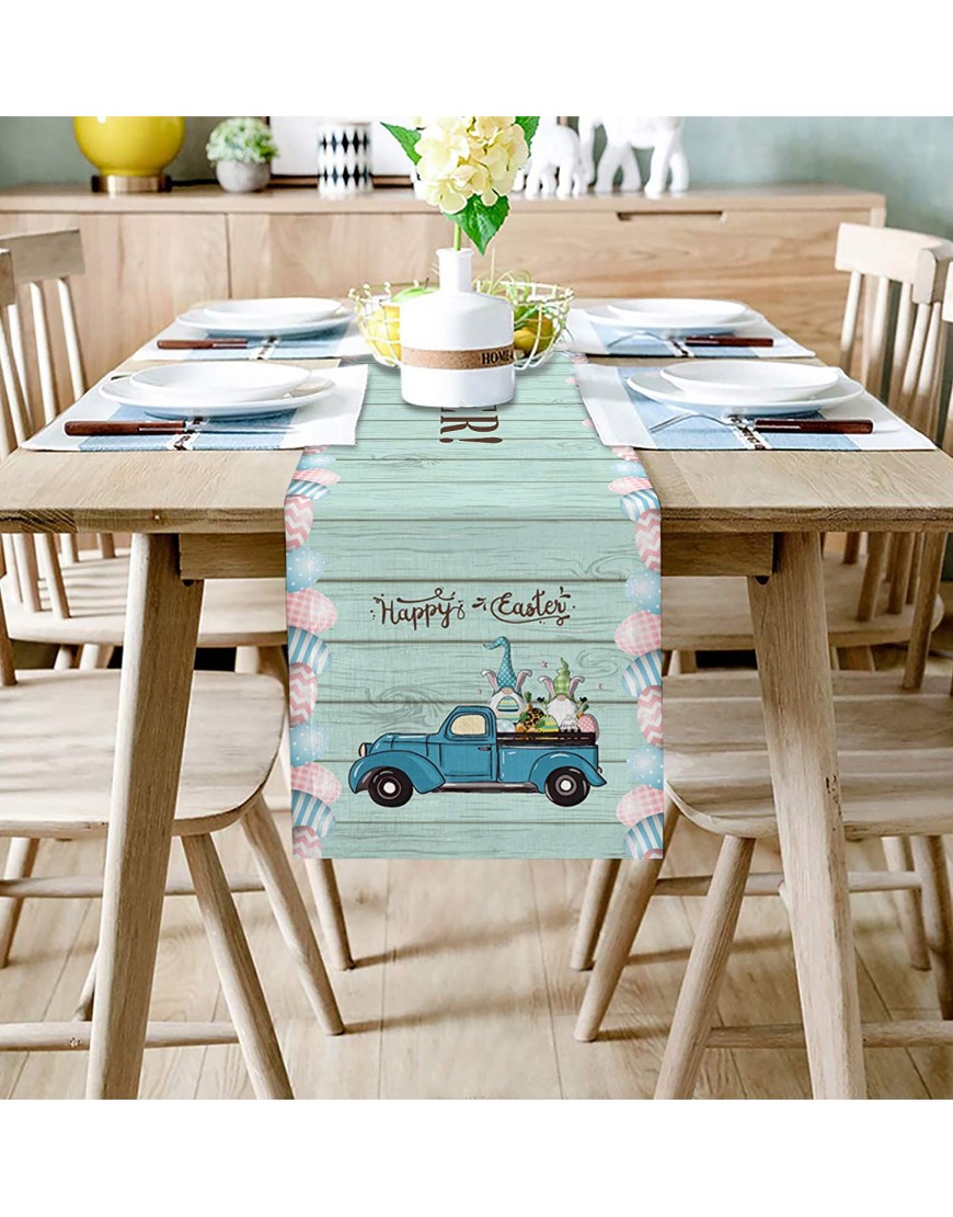 Easter Table Runners 13x72inches Long Kitchen Linen Table Runner Farmhouse Non-Slip Holiday Table Runner for Spring Party Easter Vintage Truck with Easter Eggs Teal Wood Grain Table Setting Decor